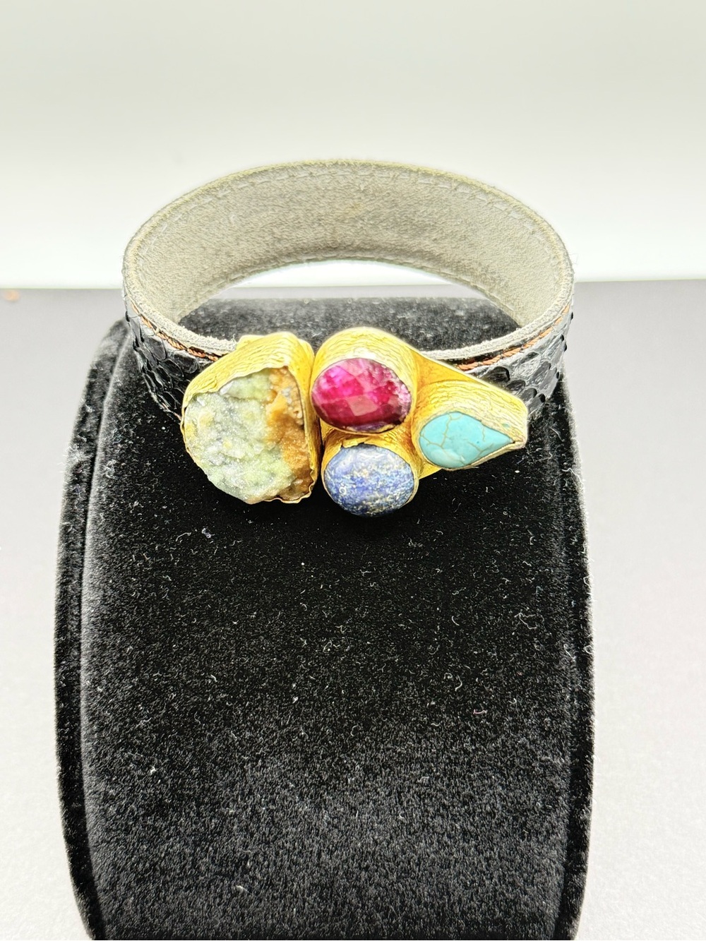 Multistone Leather Cuff Bracelet with Turquoise, Lapis, Ruby-Tone & Druzy